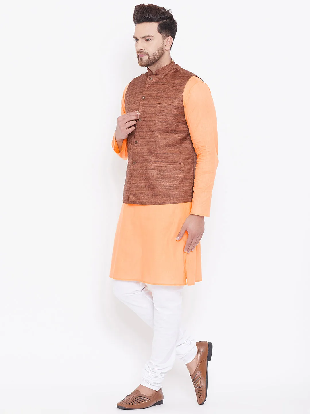 VASTRAMAY Men's Coffee Brown, Fawn And White Cotton Blend Jacket, Kurta and Pyjama Set