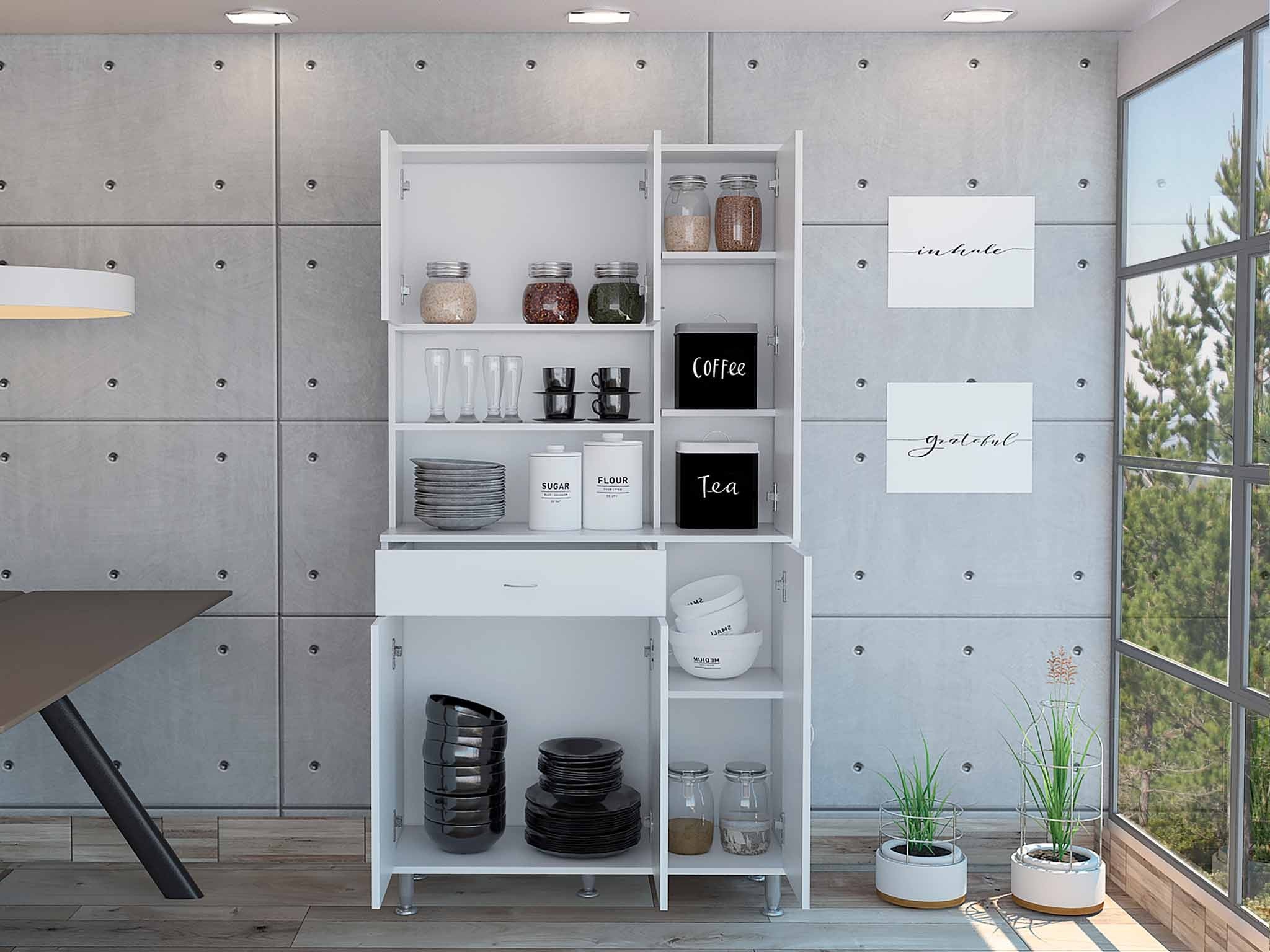 White Pantry Cabinet with Multiple Storage Shelves