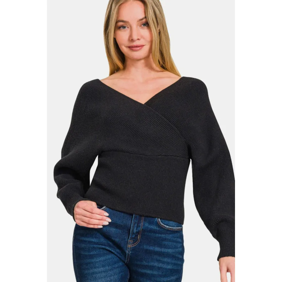 Zenana Cross Wrap Rib Long Sleeve Sweater