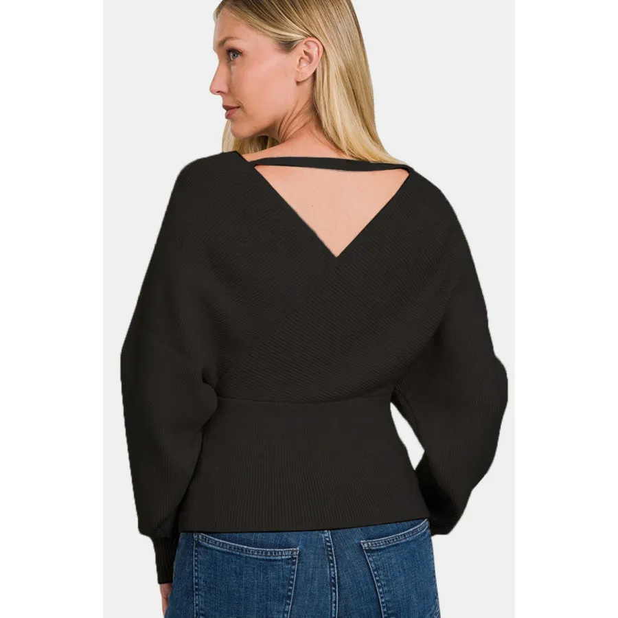 Zenana Cross Wrap Rib Long Sleeve Sweater