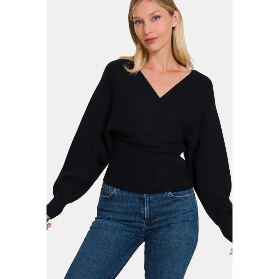 Zenana Cross Wrap Rib Long Sleeve Sweater